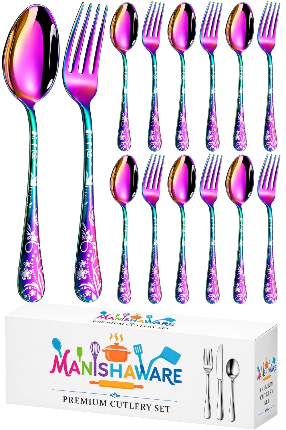 Manishaware Floral Rainbow 12 Pcs Stainless Steel Cutlery Set for Dining Table, Dishwasher Safe Glossy Flatware (6 Forks & 6 Spoons)