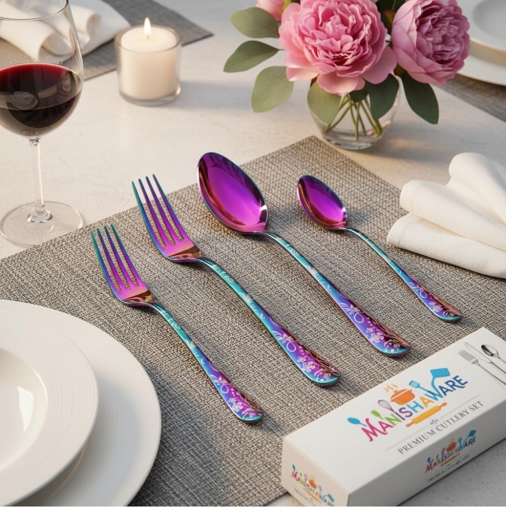 Rainbow Floral Indian cutlery set, rust resistant stainless steel, a perfect wedding, housewarming, corporate and festival gift