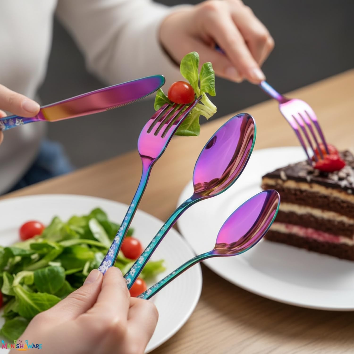 Manishaware Christmas Rainbow 5 Pcs Stainless Steel Cutlery Set for Dining Table, Dishwasher Safe Glossy Flatware (1 spoon set+1 forks set+1 Butter knife+1 Dessert Spoon+ 1 Fruit Fork)