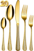 Manishaware Hammered Gold 20 Pcs Stainless Steel Cutlery Set for Dining Table, Dishwasher Safe Glossy Flatware (4 spoon set+4 forks set+4 Butter knife+4 Dessert Spoon+ 4 Fruit Fork)