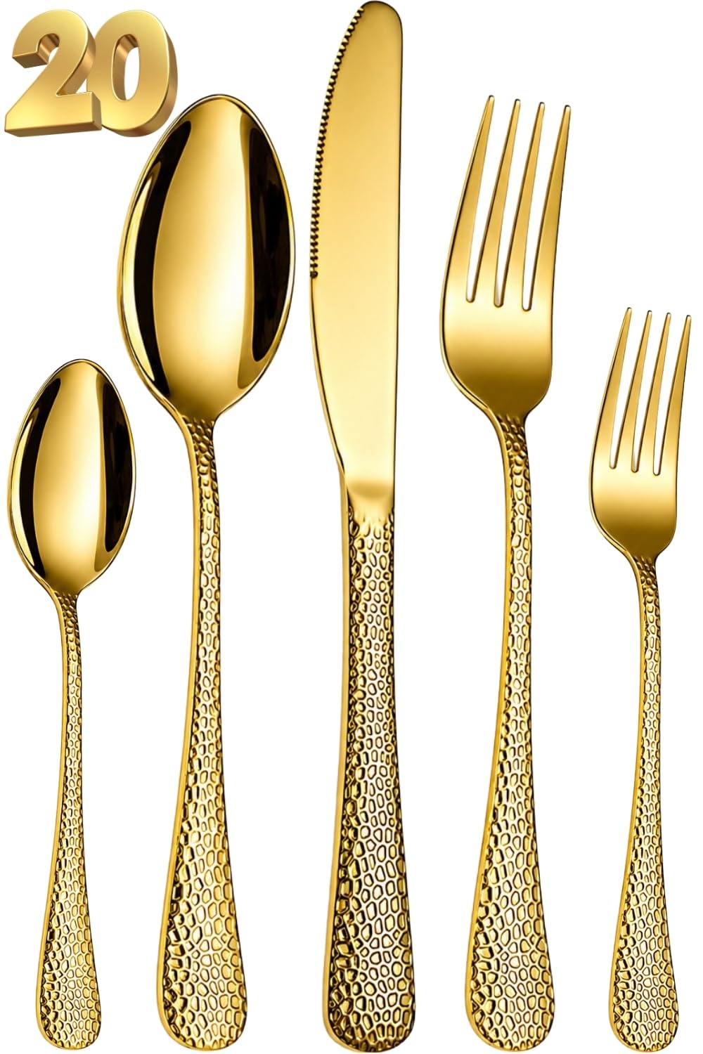 Manishaware Hammered Stainless Steel Cutlery Set for Dining Table, Dishwasher Safe Glossy Flatware (4 spoon set+4 forks set+4 Butter knife+4 Dessert Spoon+ 4 Fruit Fork)