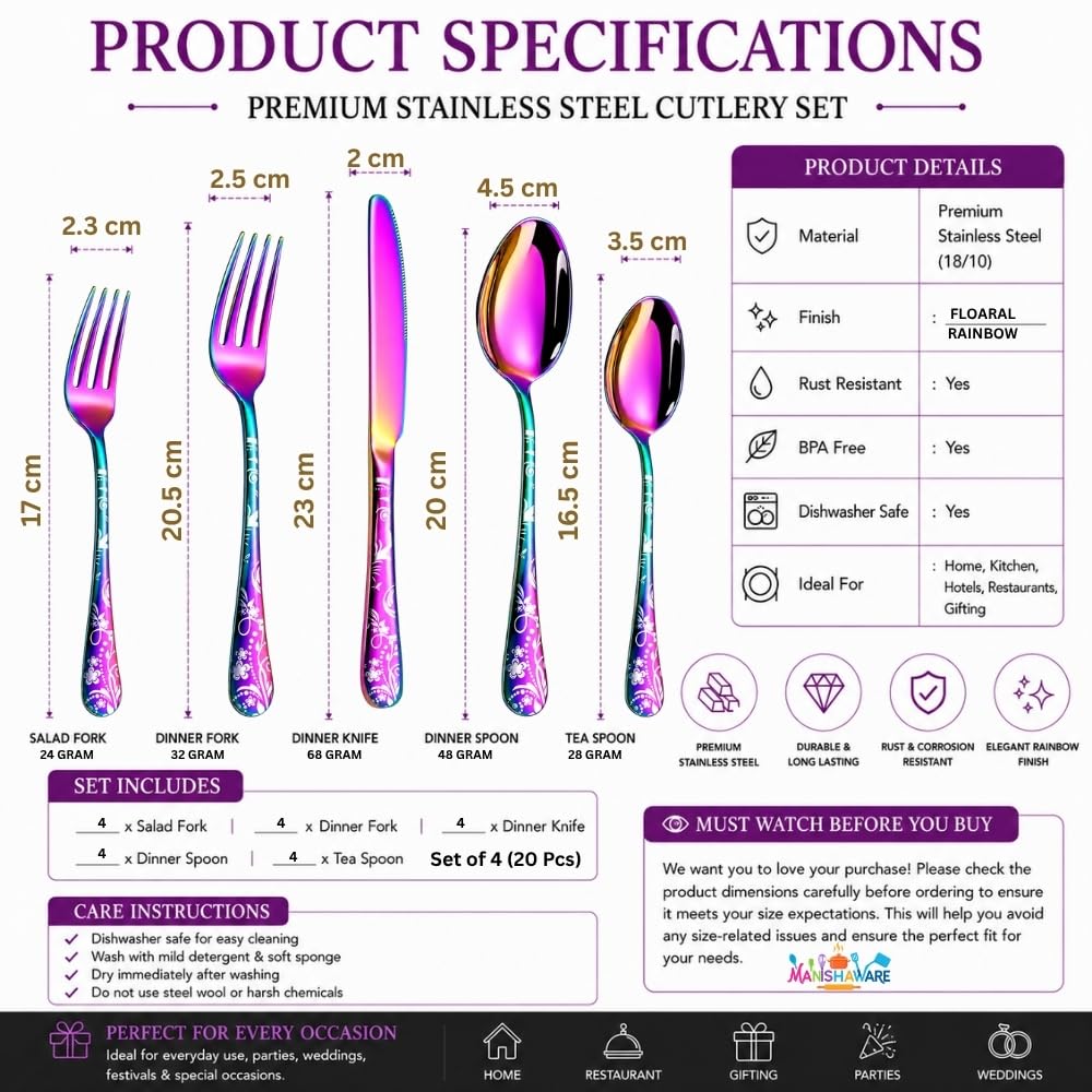 Manishaware Floral Rainbow 20 Pcs Stainless Steel Cutlery Set for Dining Table, Dishwasher Safe Glossy Flatware (4 spoon set+4 forks set+4 Butter knife+4 Dessert Spoon+ 4 FruitFork)