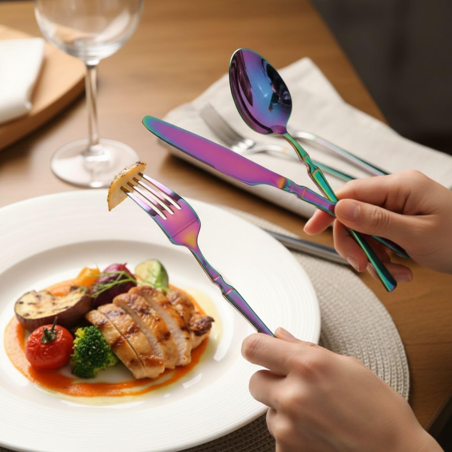 Manishaware Elegant Handle Rainbow 25 Pcs Stainless Steel Cutlery Set for Dining Table, Dishwasher Safe Glossy Flatware (5 spoon set+5 forks set+5 Butter knife+5 Dessert Spoon+5 Fruit Fork)