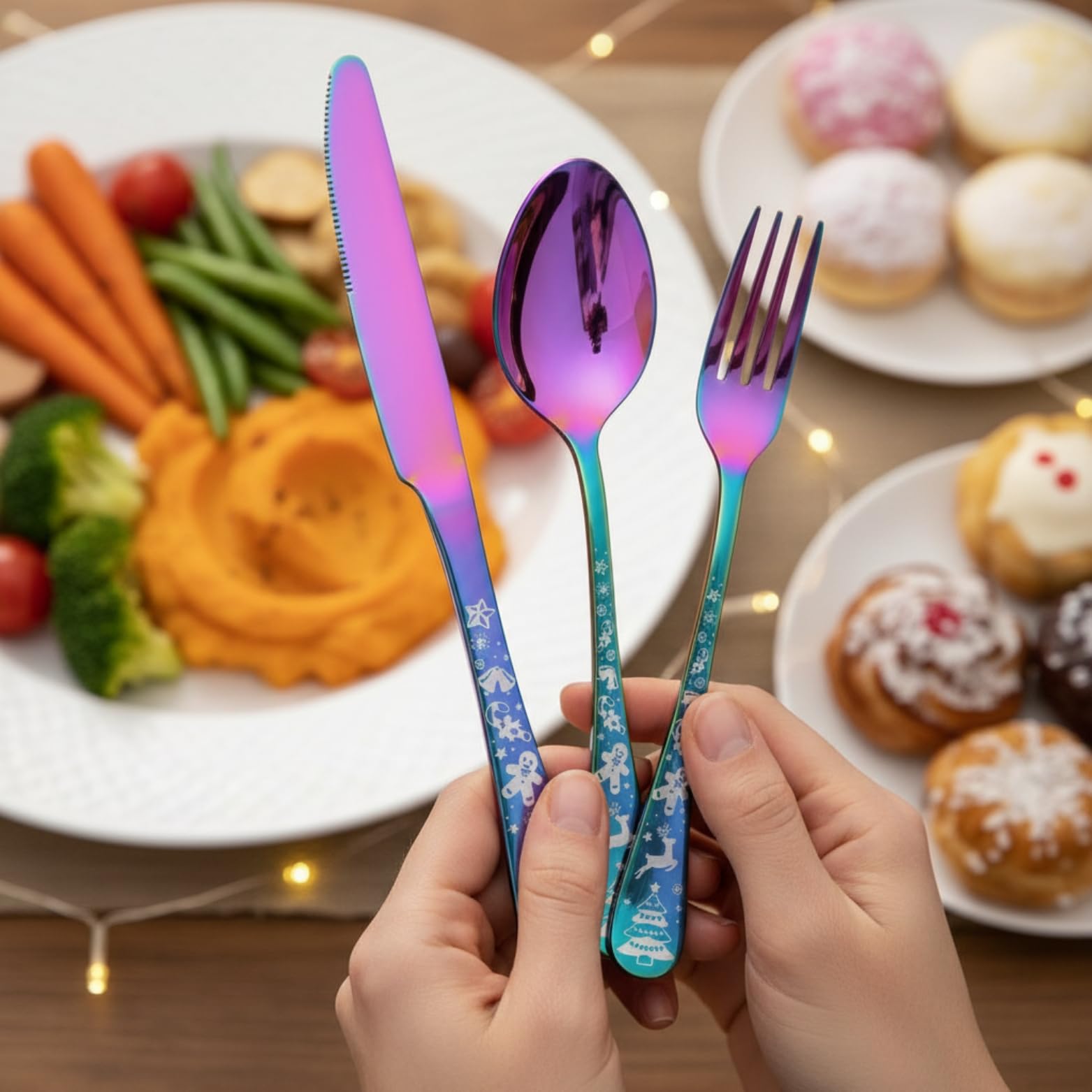 Manishaware Christmas 30 Pcs Stainless Steel Cutlery Set for Dining Table, Dishwasher Safe Glossy Flatware (6 spoon set+6 forks set+6 Butter knife+6 Dessert Spoon+ 6 Fruit Fork)