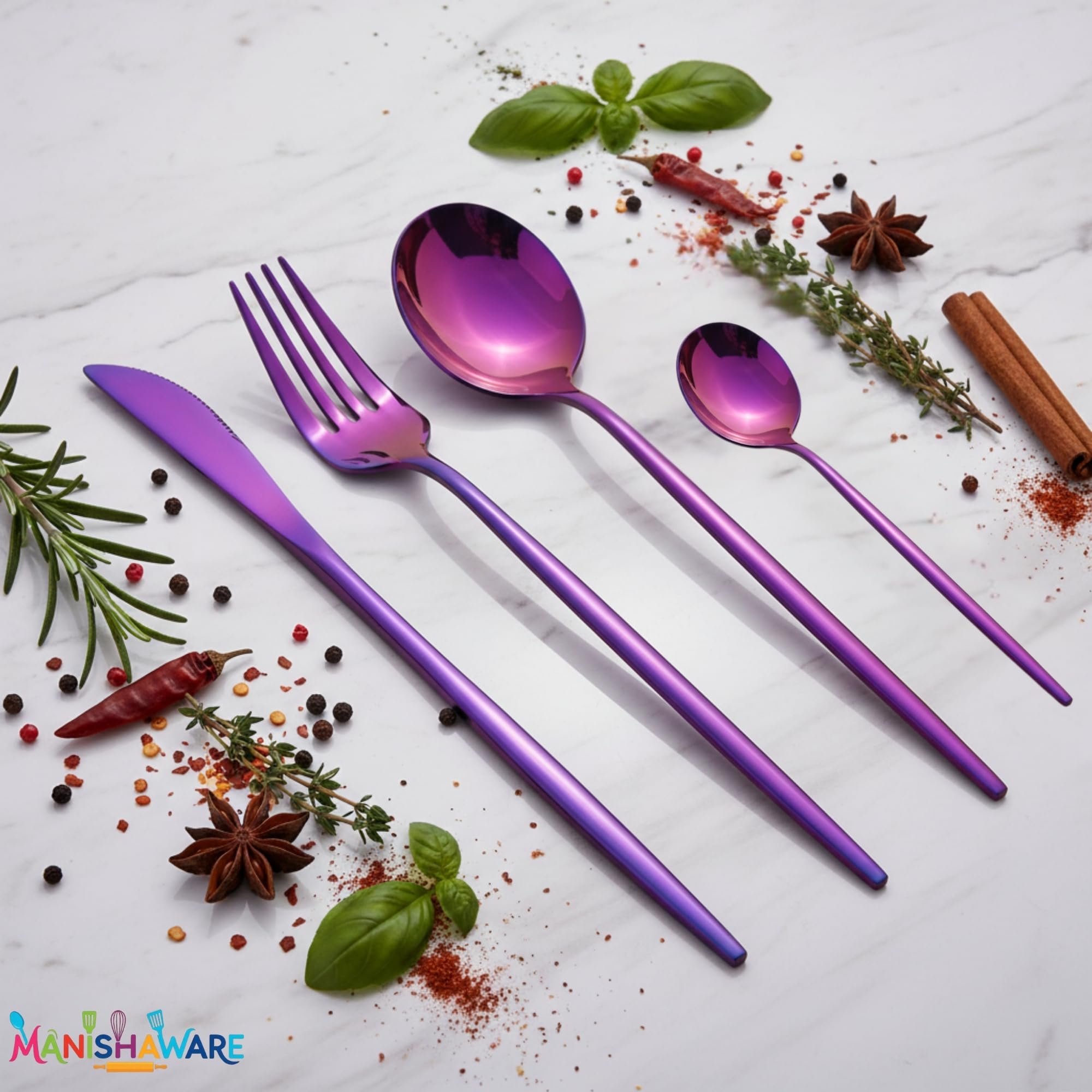 Manishaware Slim Handle Pink 24 Pcs Stainless Steel Cutlery Set for Dining Table, Dishwasher Safe Glossy Flatware (6 spoon set+6 forks set+6 Butter knife+6 Dessert Spoon)