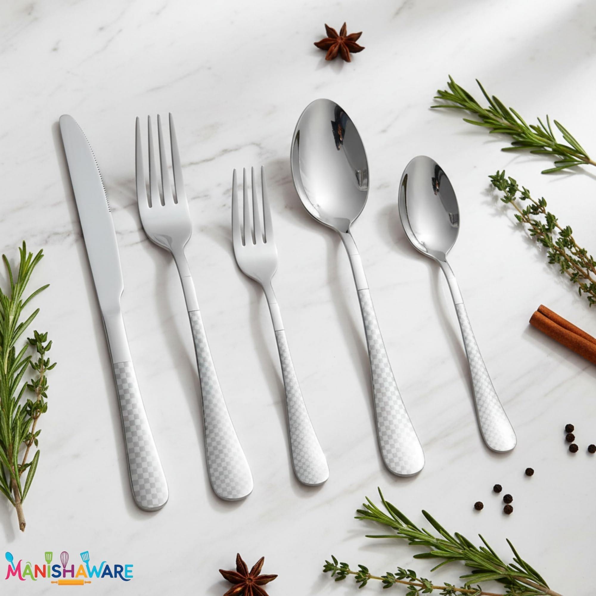 Manishaware Checkered Silver 15 Pcs Stainless Steel Cutlery Set for Dining Table, Dishwasher Safe Glossy Flatware (3 spoon set+3 forks set+3 Butter knife+3 Dessert Spoon+ 3 Fruit Fork)