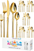 Manishaware Elegant Handle Gold 30 Pcs Stainless Steel Cutlery Set for Dining Table, Dishwasher Safe Glossy Flatware (6 spoon set+6 forks set+6 Butter knife+6 Dessert Spoon+ 6 Fruit Fork)