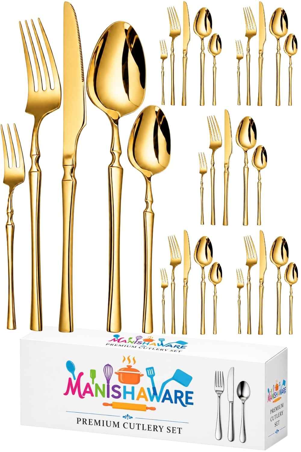 Manishaware Elegant Handle Heavy duty Stainless Steel Cutlery Set for Dining table (spoon set+ forks set+ Butter knife+ Dessert Spoon+ Fuit Fork for kitchen)