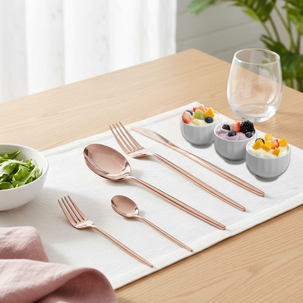 Manishaware Slim Handle Rose Gold 25 Pcs Stainless Steel Cutlery Set for Dining Table, Dishwasher Safe Glossy Flatware (5 spoon set+5 forks set+5 Butter knife+5 Dessert Spoon+5 Fruit Fork)