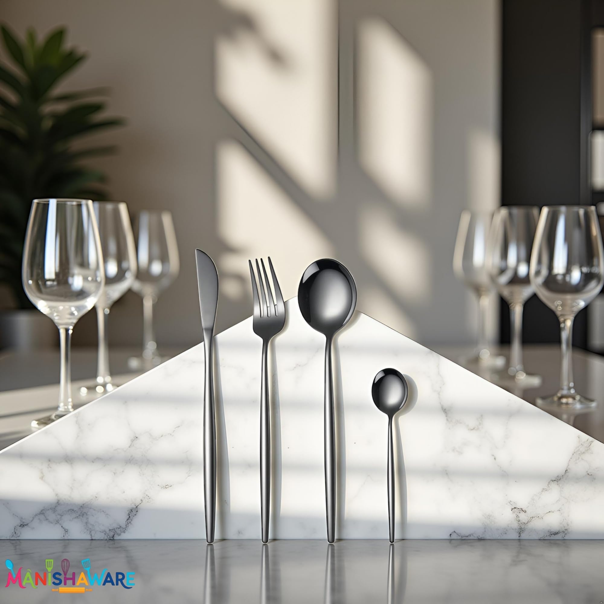 Manishaware Slim Handle Black 16 Pcs Stainless Steel Cutlery Set for Dining Table, Dishwasher Safe Glossy Flatware (4 spoon set + 4 forks set + 4 Butter knife + 4 Dessert Spoon)