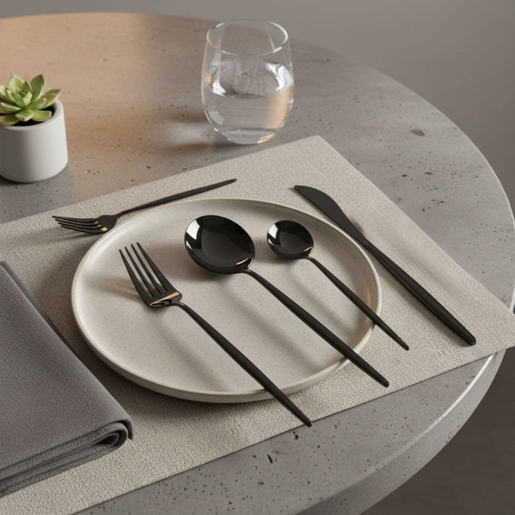 Manishaware Slim Handle Black 20 Pcs Stainless Steel Cutlery Set for Dining Table, Dishwasher Safe Glossy Flatware (4 spoon set+4 forks set+4 Butter knife+4 Dessert Spoon+ 4 Fruit Fork)