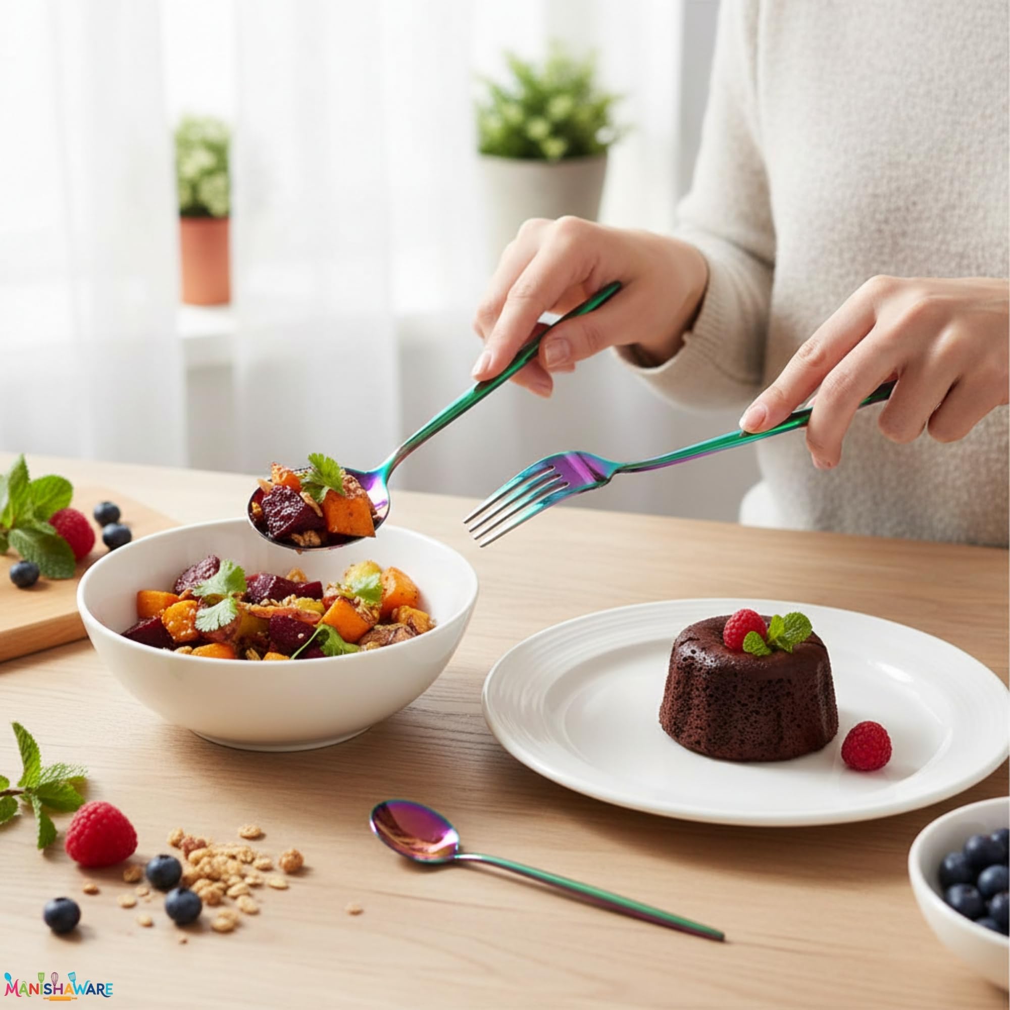 Manishaware Slim Handle Stainless Steel Cutlery Set for Dining Table, Dishwasher Safe Glossy Flatware (6 spoon set + 6 forks set + 6 Butter knife + 6 Dessert Spoon)