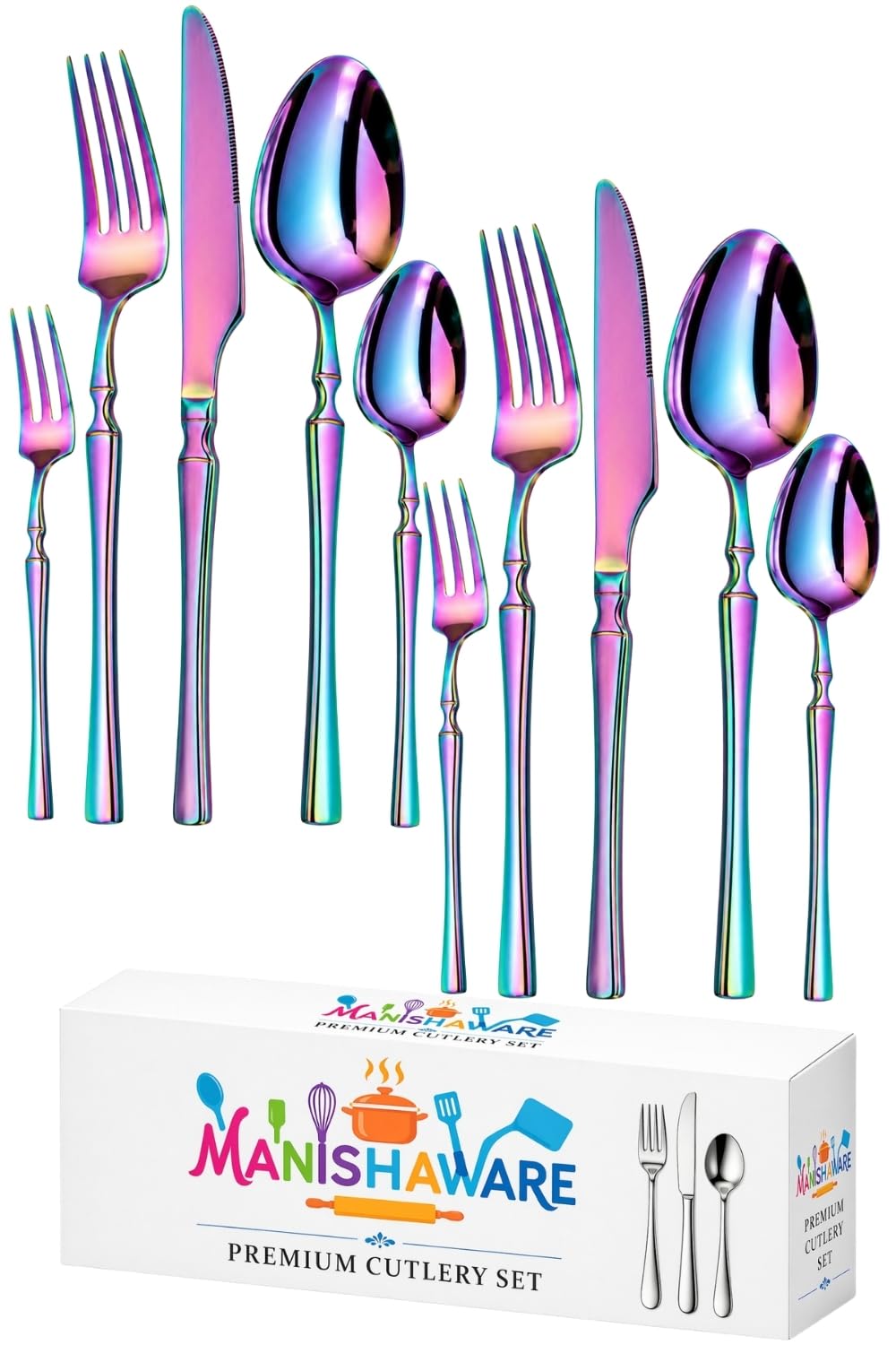 Manishaware Elegant Handle Rainbow 10 Pcs Stainless Steel Cutlery Set for Dining Table, Dishwasher Safe Glossy Flatware (2 spoon set+2 forks set+2 Butter knife+2 Dessert Spoon+ 2 Fruit Fork)