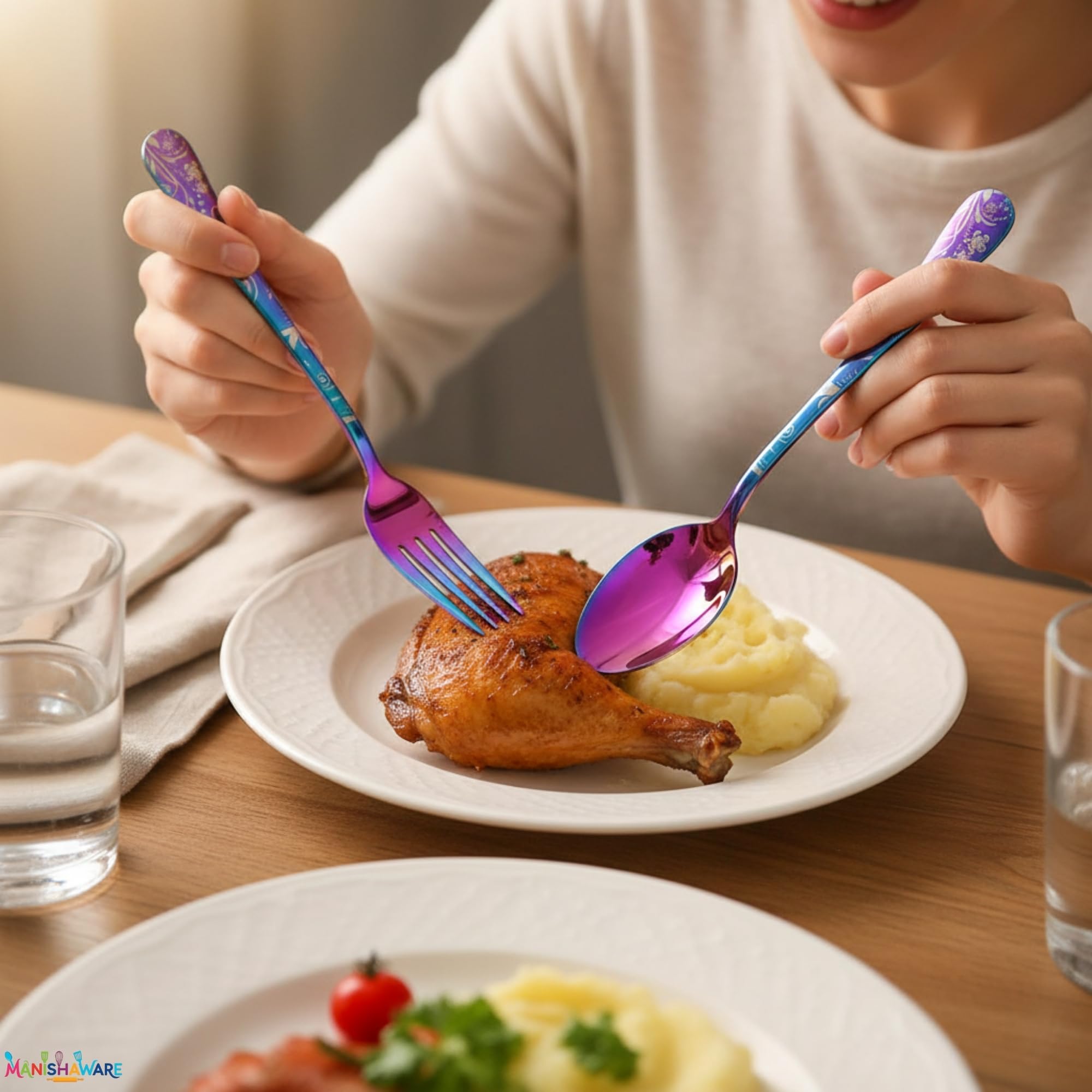 Manishaware Floral Stainless Steel Cutlery Set for Dining Table, Dishwasher Safe Glossy Flatware (4 spoon set+4 forks set+4 Butter knife+4 Dessert Spoon+ 4 FruitFork)
