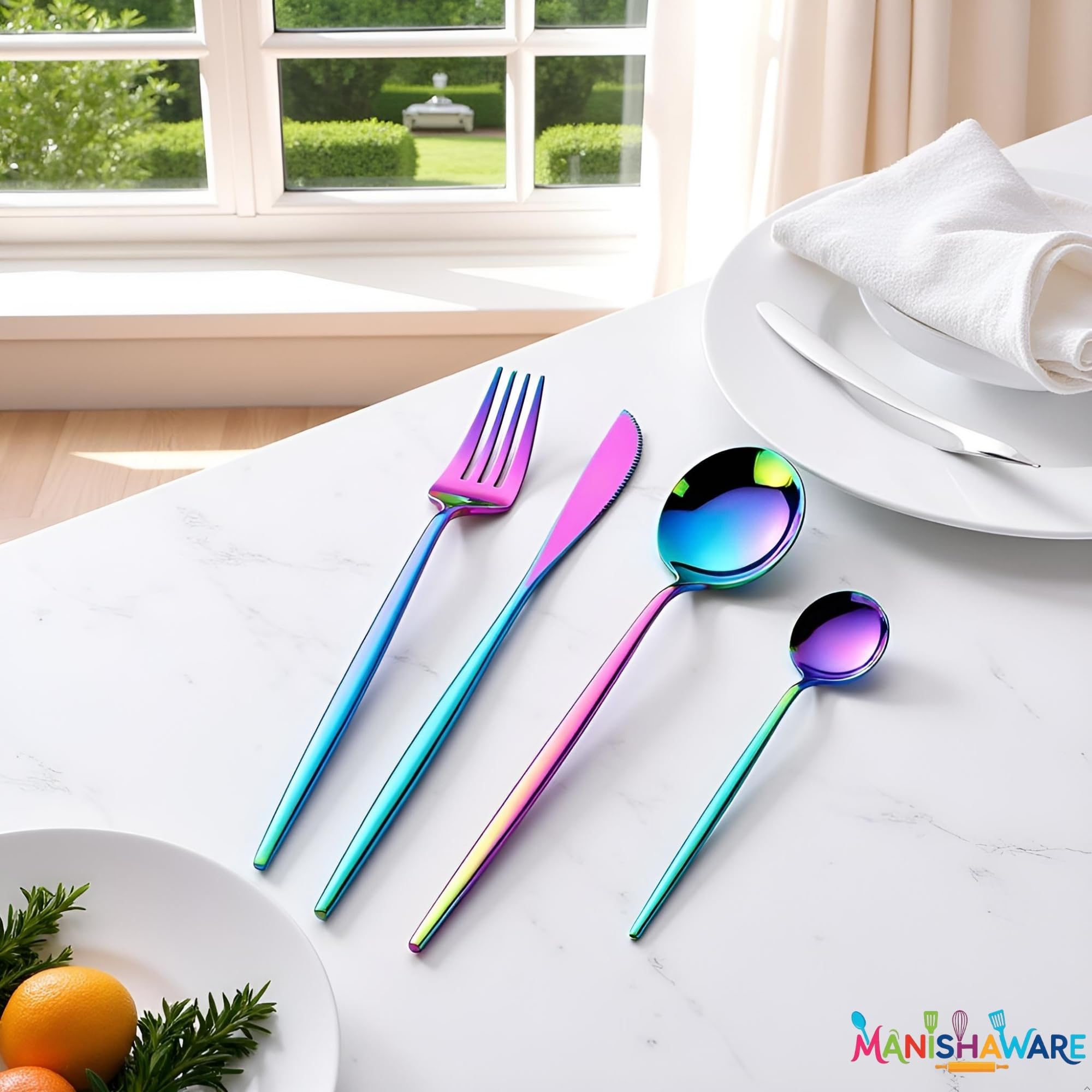 Manishaware Slim Handle Stainless Steel Cutlery Set for Dining Table, Dishwasher Safe Glossy Flatware (6 spoon set+6 forks set+6 Butter knife+6 Dessert Spoon)