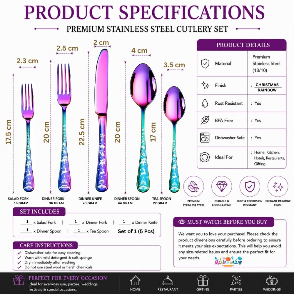 Manishaware Christmas Stainless Steel Cutlery Set for Dining Table, Dishwasher Safe Glossy Flatware (4 spoon set+4 forks set+4 Butter knife+4 Dessert Spoon+ 4 Fruit Fork)