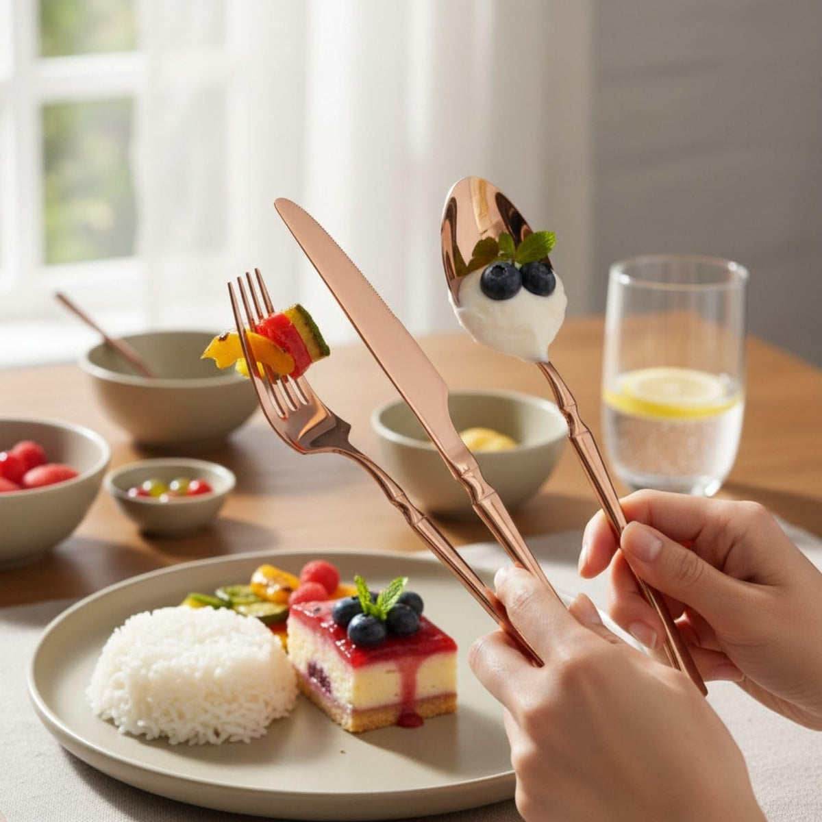 Rose Gold Elegant stainless steel premium cutlery set, 25 Pcs, a perfect wedding, housewarming, corporate and festival gift