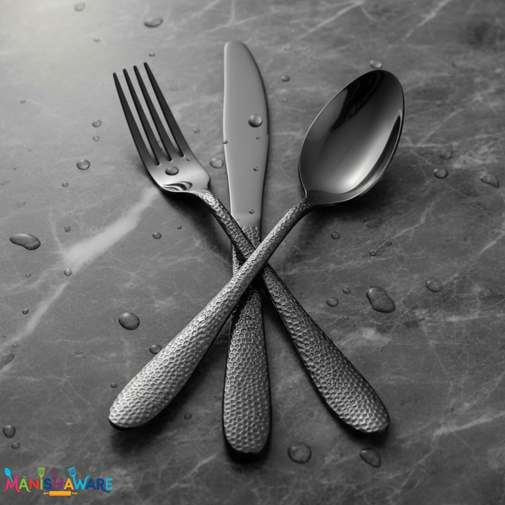 Manishaware Hammered Stainless Steel Cutlery Set for Dining Table, Dishwasher Safe Glossy Flatware (4 spoon set+4 forks set+4 Butter knife+4 Dessert Spoon+ 4 Fruit Fork)