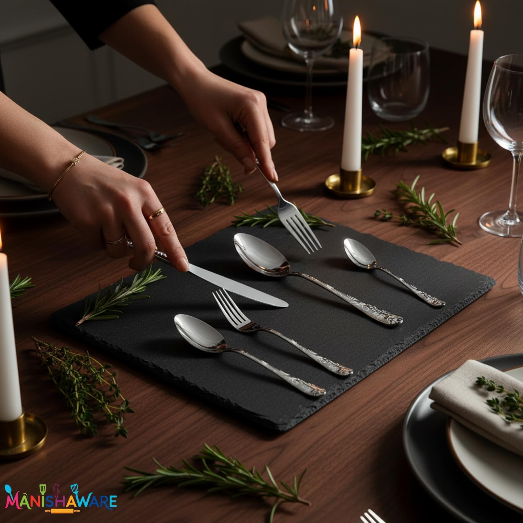 Manishaware Floral 30 Pcs Stainless Steel Cutlery Set for Dining Table, Dishwasher Safe Glossy Flatware (6 spoon set+6 forks set+6 Butter knife+6 Dessert Spoon+ 6 FruitFork)