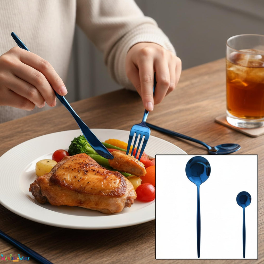 Manishaware Slim Handle Blue 16 Pcs Stainless Steel Cutlery Set for Dining Table, Dishwasher Safe Glossy Flatware (4 spoon set+4 forks set+4 Butter knife+4 Dessert Spoon)