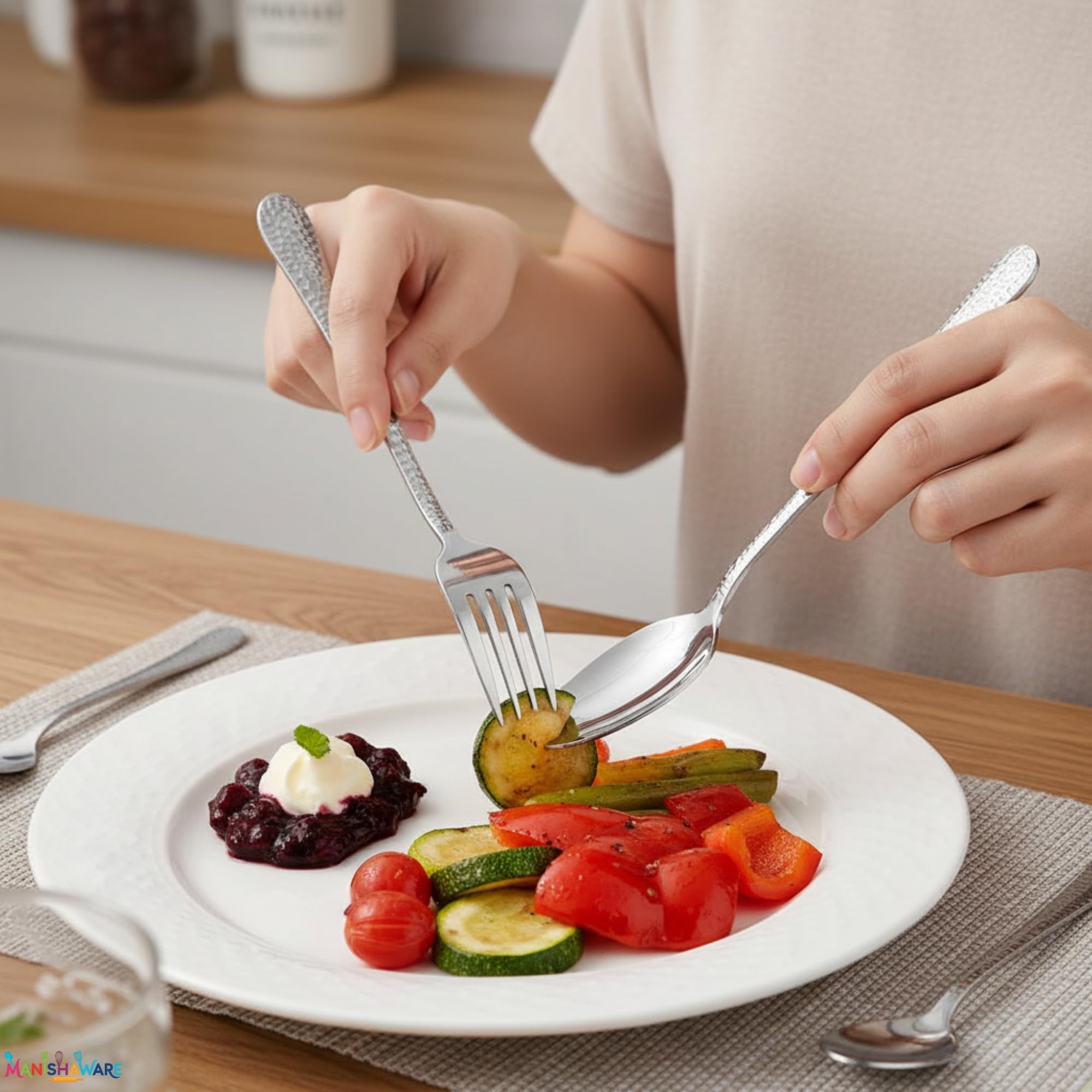 Manishaware Hammered Stainless Steel Cutlery Set for Dining Table, Dishwasher Safe Glossy Flatware (4 spoon set+4 forks set+4 Butter knife+4 Dessert Spoon+ 4 Fruit Fork)