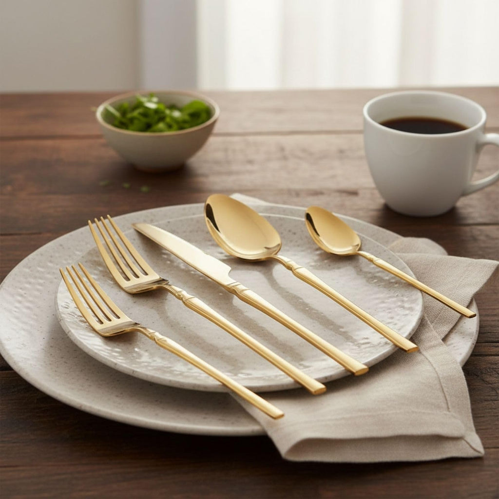 Manishaware Elegant Handle Gold 25 Pcs Heavy duty Stainless Steel Cutlery Set for Dining table (5 pcs spoon set+5 pcs forks set+5 pcs Butter knife+5 pcs Dessert Spoon+5 Pcs Fuit Fork for kitchen)