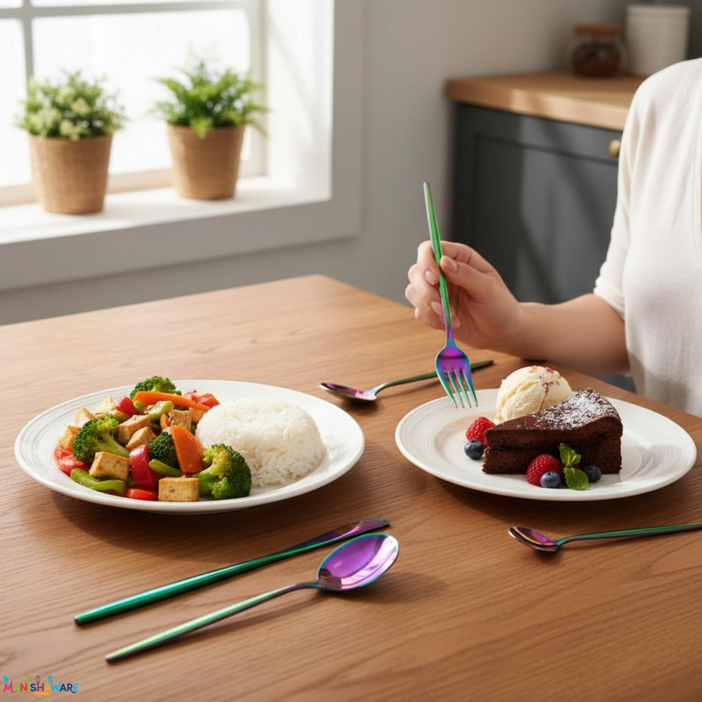 Manishaware Slim Handle Rainbow 16 Pcs Stainless Steel Cutlery Set for Dining Table, Dishwasher Safe Glossy Flatware (4 spoon set+4 forks set+4 Butter knife+4 Dessert Spoon)