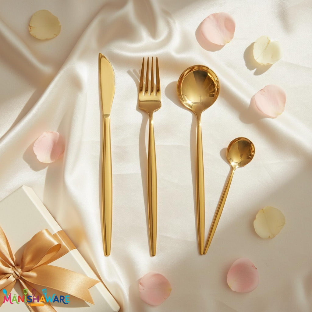 Manishaware Slim Handle Gold 16 Pcs Stainless Steel Cutlery Set for Dining Table, Dishwasher Safe Glossy Flatware (4 spoon set+4 forks set+4 Butter knife+4 Dessert Spoon)