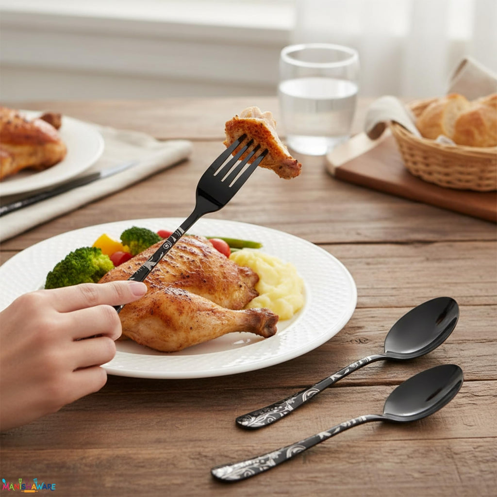 Manishaware Floral Black 15 Pcs Stainless Steel Cutlery Set for Dining Table, Dishwasher Safe Glossy Flatware (3 spoon set+3 forks set+3 Butter knife+3 Dessert Spoon+ 3 FruitFork)