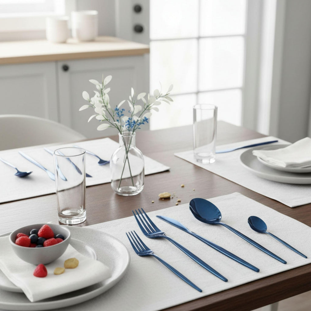Manishaware Slim Handle Blue 15 Pcs Stainless Steel Cutlery Set for Dining Table, Dishwasher Safe Glossy Flatware (3 spoon set+3 forks set+3 Butter knife+3 Dessert Spoon+ 3 Fruit Fork)