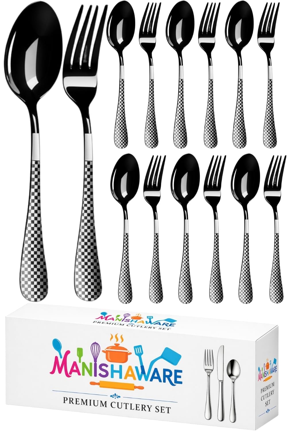Manishaware Mirror Polished 12 Pcs Stainless Steel Cutlery Set for Dining Table, Dishwasher Safe Glossy Flatware (6 Forks & 6 Spoons)