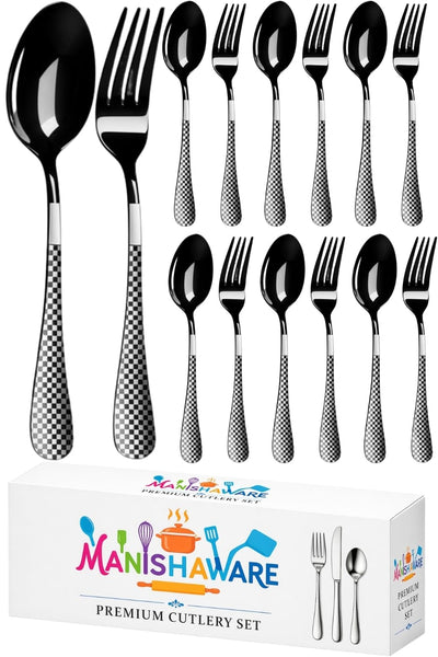Black Fork & Spoon Set Checker Design