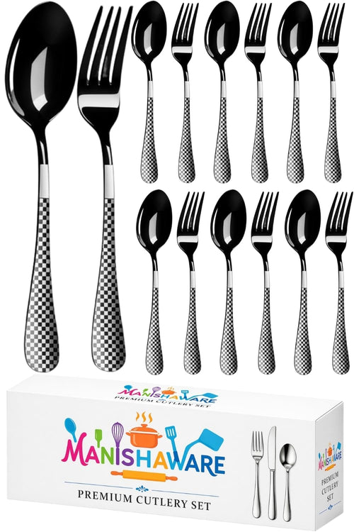 Black Fork & Spoon Set Checker Design