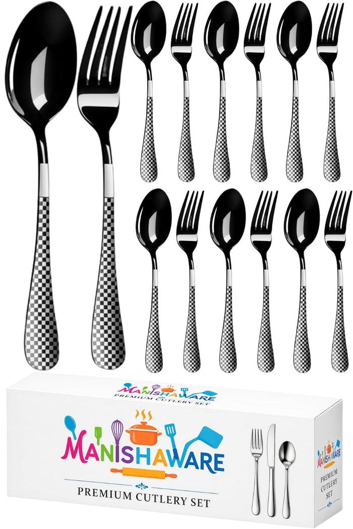 Black Fork & Spoon Set Checker Design