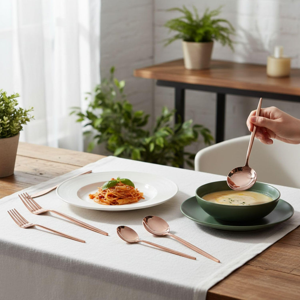 Manishaware Slim Handle Rose Gold 10 Pcs Stainless Steel Cutlery Set for Dining Table, Dishwasher Safe Glossy Flatware (2 spoon set+2 forks set+2 Butter knife+2 Dessert Spoon+ 2 Fruit Fork)