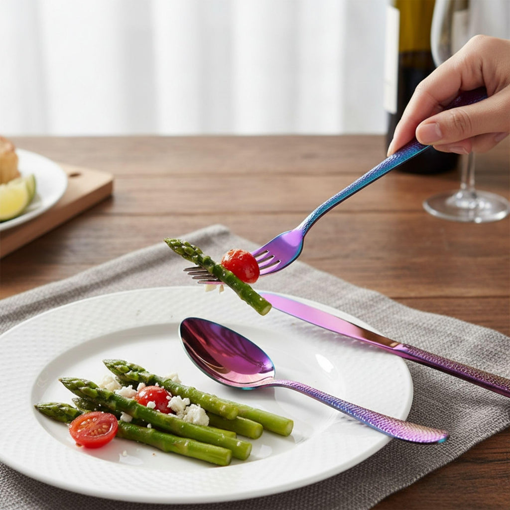 Manishaware Hammered 30 Pcs Stainless Steel Cutlery Set for Dining Table, Dishwasher Safe Glossy Flatware (6 spoon set+6 forks set+6 Butter knife+6 Dessert Spoon+ 6 Fruit Fork)