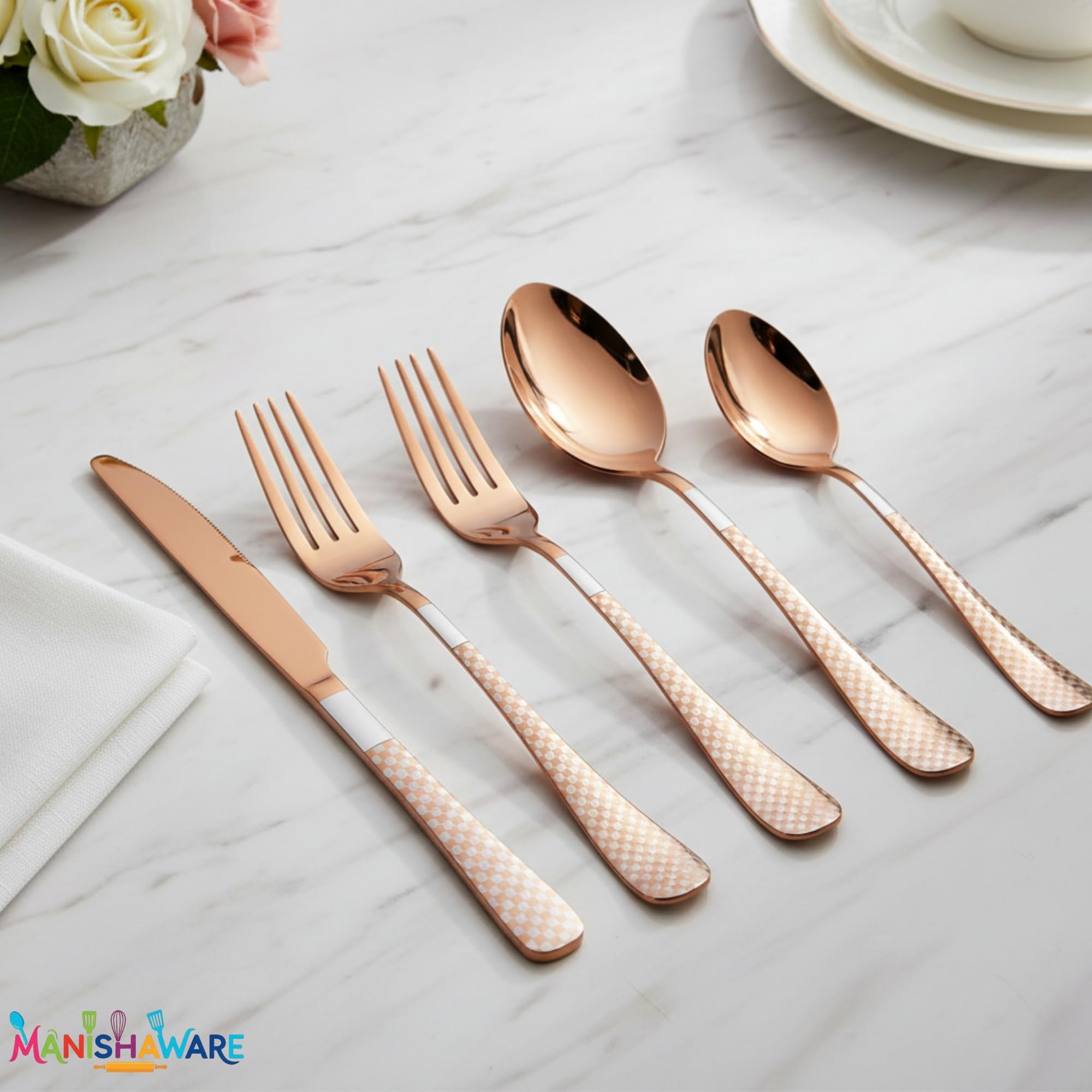 Manishaware Checkered Stainless Steel Cutlery Set for Dining Table, Dishwasher Safe Glossy Flatware (4 spoon set+4 forks set+4 Butter knife+4 Dessert Spoon+ 4 Fruit Fork)