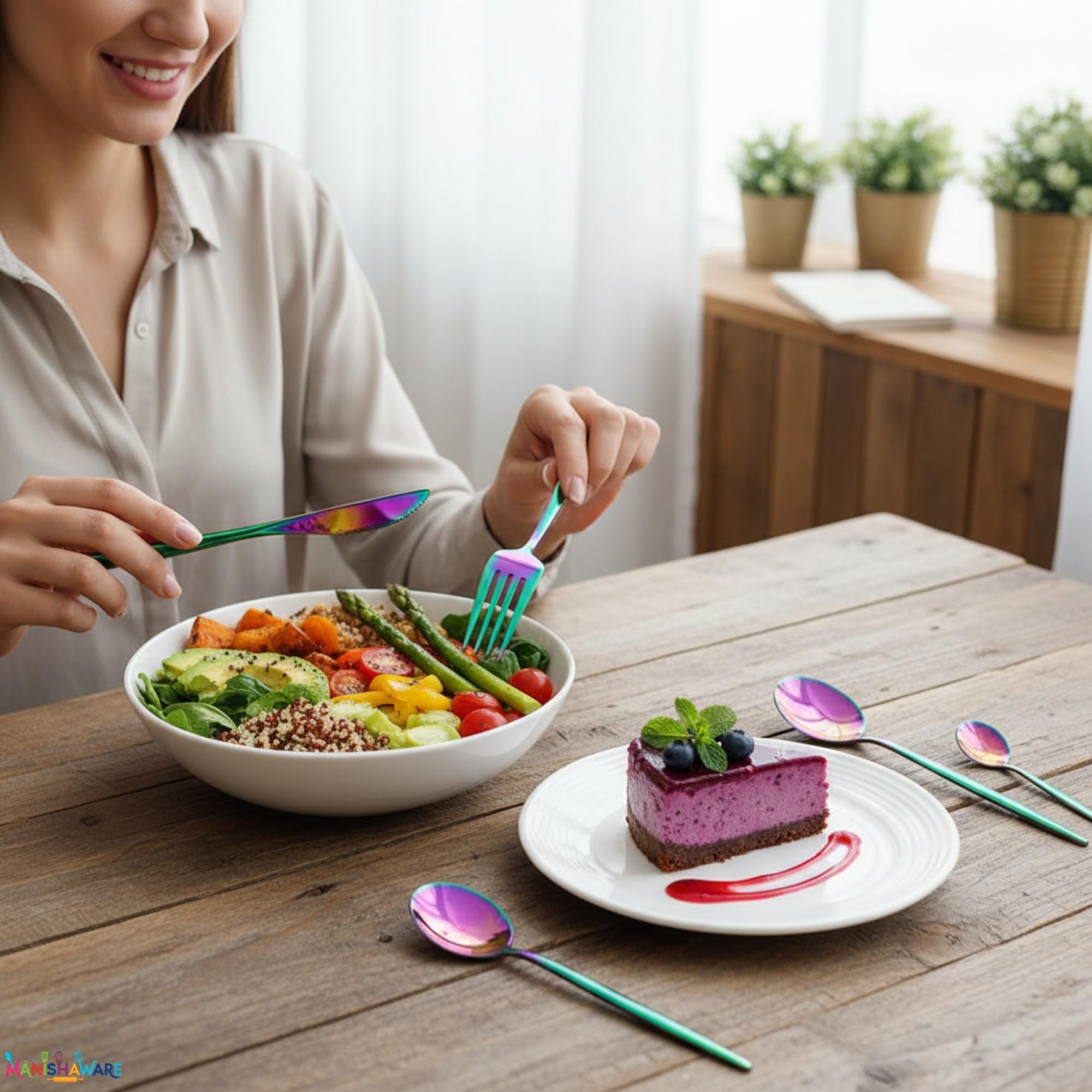 Manishaware Slim Handle Rainbow 12 Pcs Stainless Steel Cutlery Set for Dining Table, Dishwasher Safe Glossy Flatware (3 spoon set + 3 forks set + 3 Butter knife + 3 Dessert Spoon)