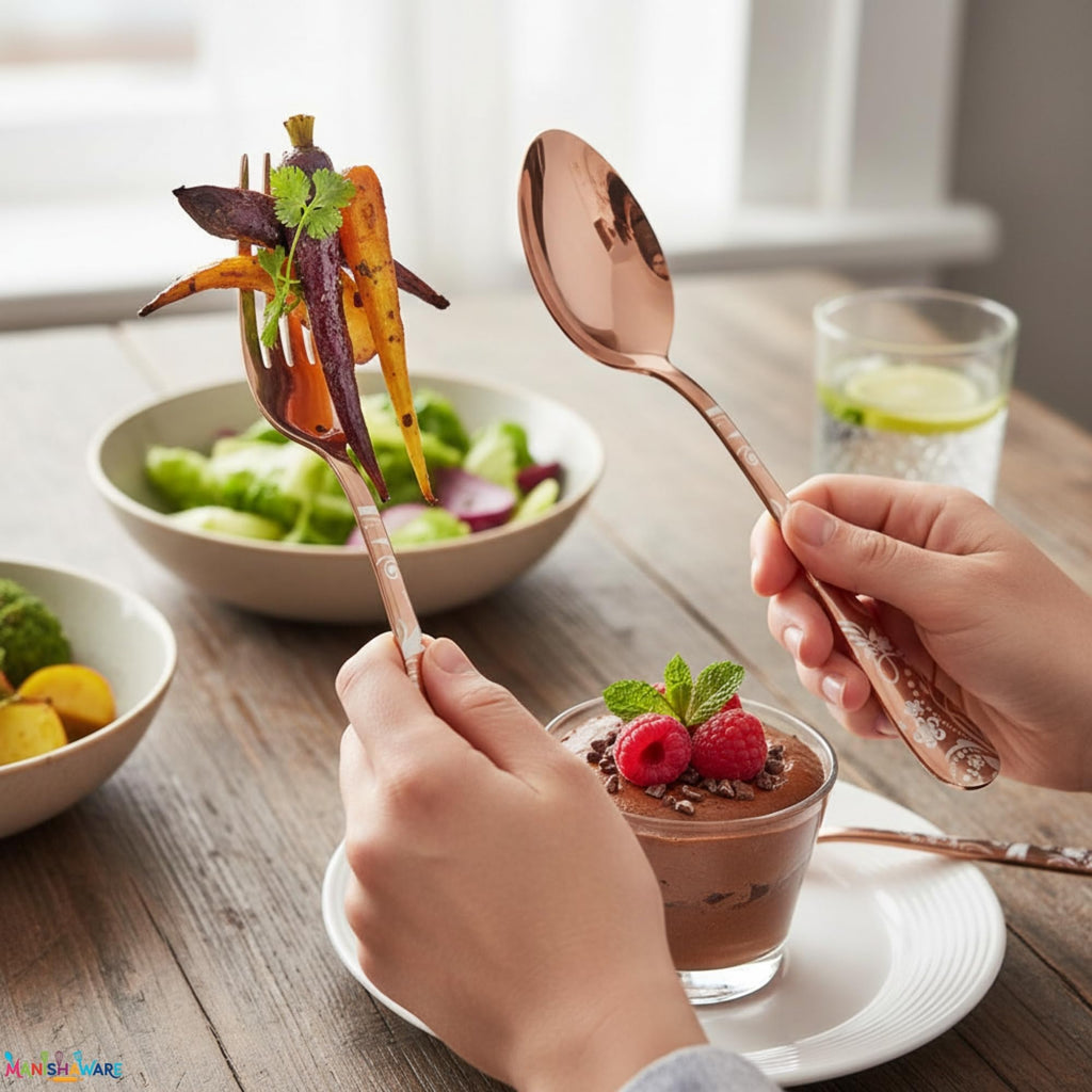 Manishaware Floral Stainless Steel Cutlery Set for Dining Table, Dishwasher Safe Glossy Flatware (4 spoon set+4 forks set+4 Butter knife+4 Dessert Spoon+ 4 FruitFork)