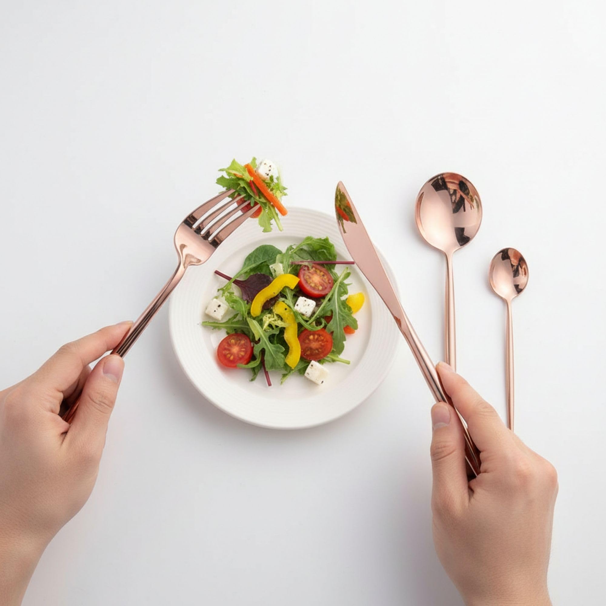Manishaware Slim Handle Rose Gold 15 Pcs Stainless Steel Cutlery Set for Dining Table, Dishwasher Safe Glossy Flatware (3 spoon set+3 forks set+3 Butter knife+3 Dessert Spoon+ 3 Fruit Fork)