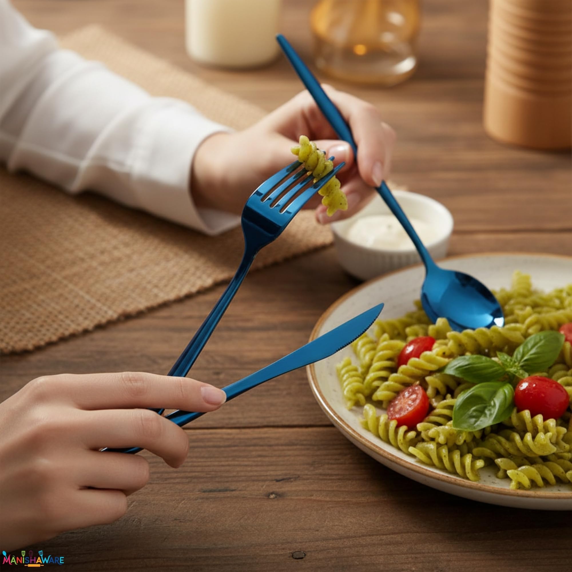 Manishaware Slim Handle Blue 16 Pcs Stainless Steel Cutlery Set for Dining Table, Dishwasher Safe Glossy Flatware (4 spoon set+4 forks set+4 Butter knife+4 Dessert Spoon)