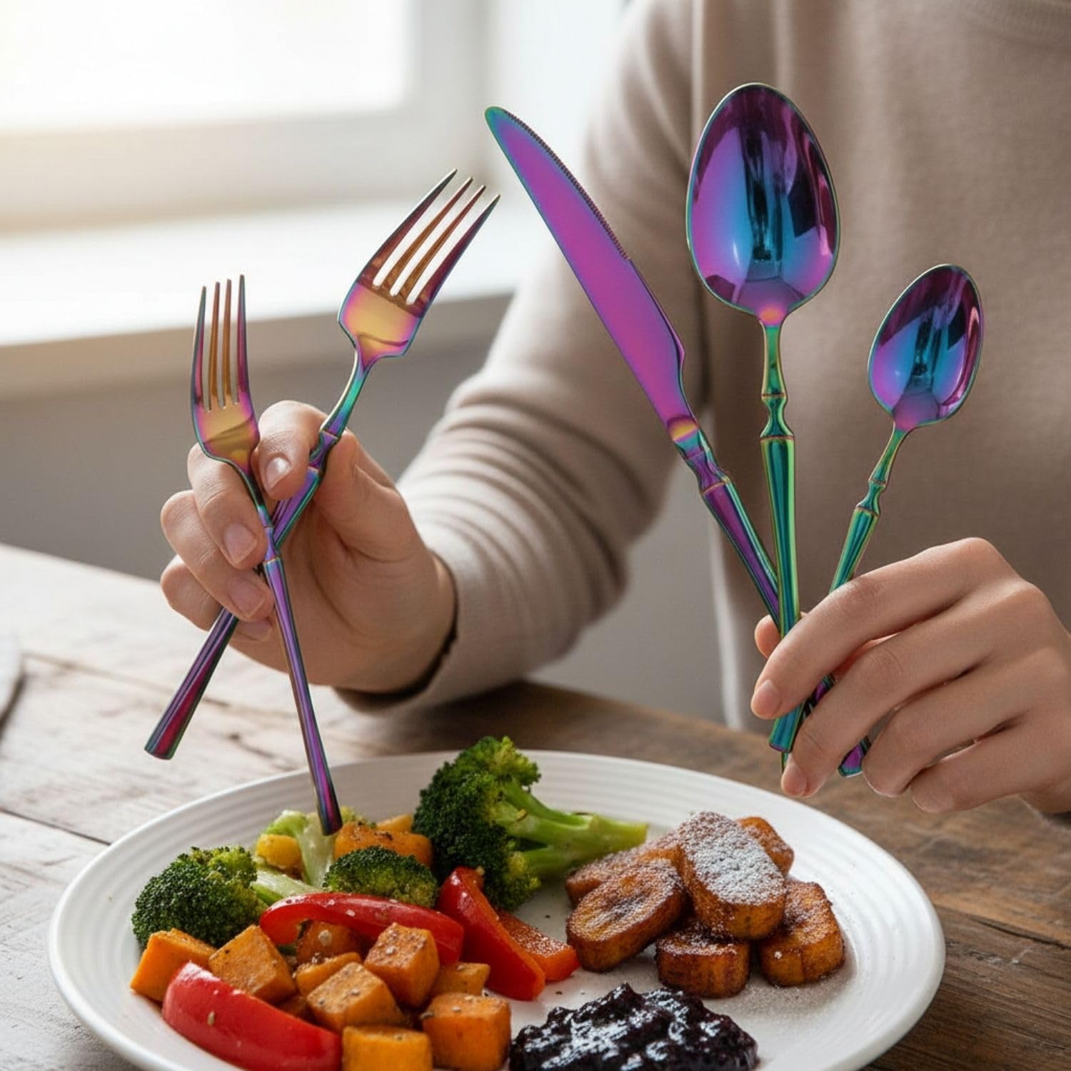 Manishaware Elegant Handle Rainbow 15 Pcs Stainless Steel Cutlery Set for Dining Table, Dishwasher Safe Glossy Flatware (3 spoon set+3 forks set+3 Butter knife+3 Dessert Spoon+ 3 Fruit Fork)