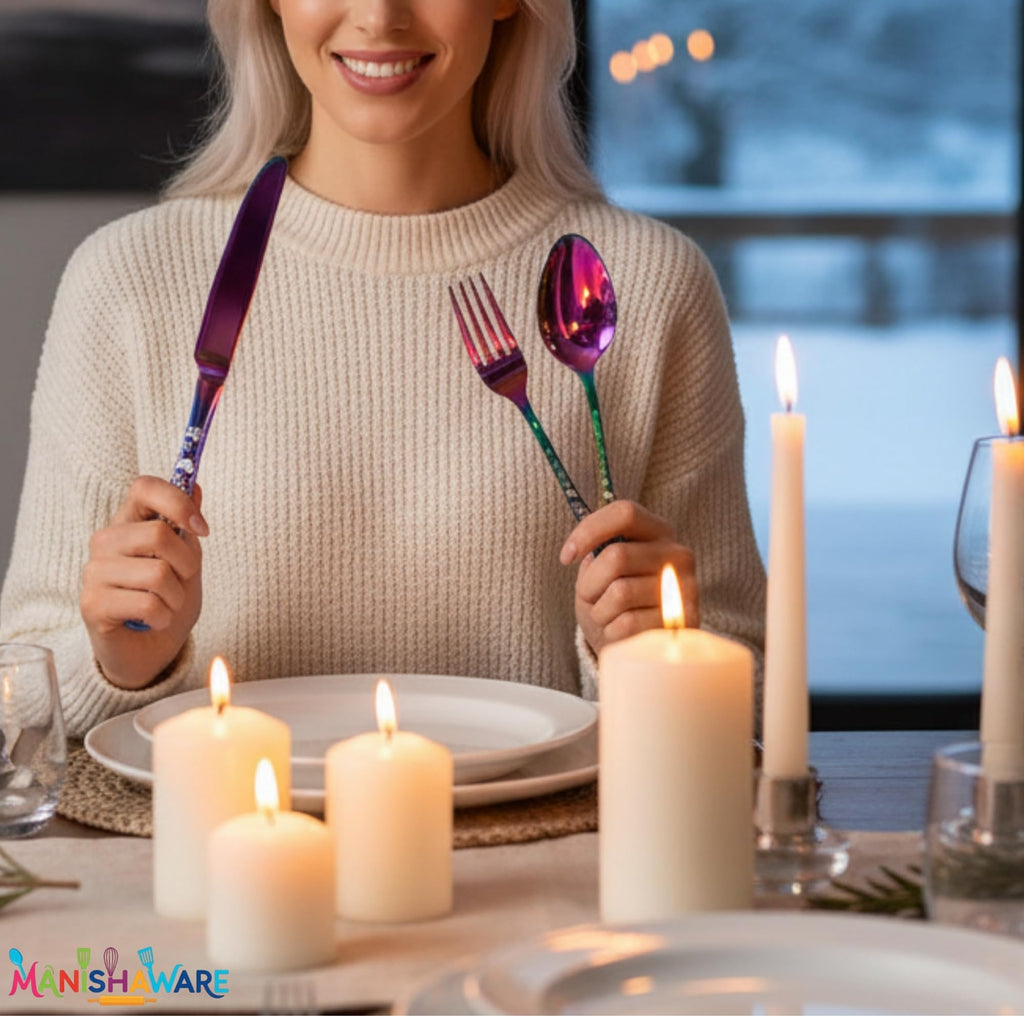 Manishaware Christmas Rainbow 20 Pcs Stainless Steel Cutlery Set for Dining Table, Dishwasher Safe Glossy Flatware (4 spoon set+4 forks set+4 Butter knife+4 Dessert Spoon+ 4 Fruit Fork)