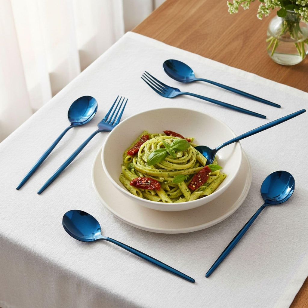 Blue Slim spoon and fork set, rust resistant stainless steel, a perfect wedding, housewarming, corporate and festival gift