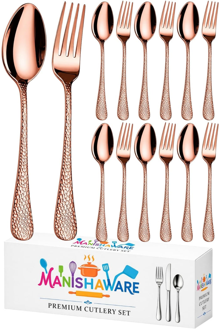 Rosegold Fork & Spoon Set Hammer Design