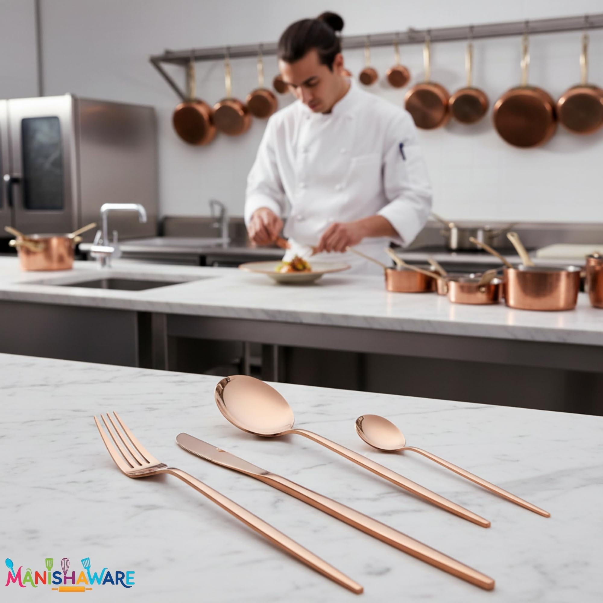 Manishaware Slim Handle Rose Gold 16 Pcs Stainless Steel Cutlery Set for Dining Table, Dishwasher Safe Glossy Flatware (4 spoon set + 4 forks set + 4 Butter knife + 4 Dessert Spoon)
