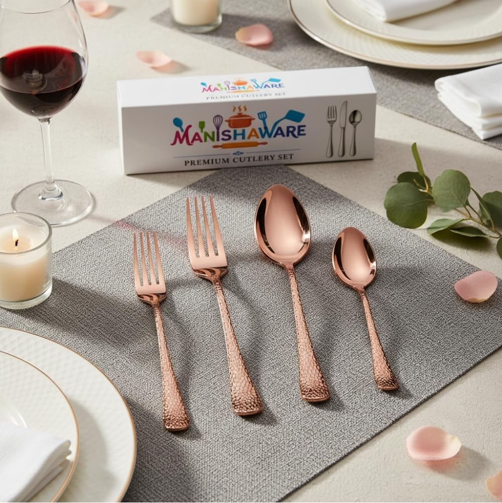 Rose Gold Hammer Indian cutlery set, rust resistant stainless steel, a perfect wedding, housewarming, corporate and festival gift