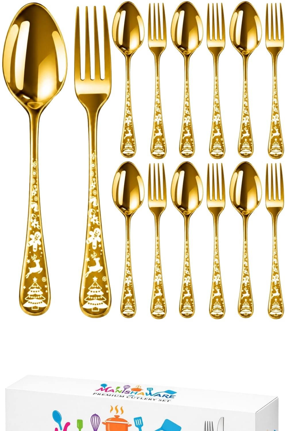 Manishaware Christmas Gold 12 Pcs Stainless Steel Cutlery Set for Dining Table, Dishwasher Safe Glossy Flatware (6 Forks & 6 Spoons)