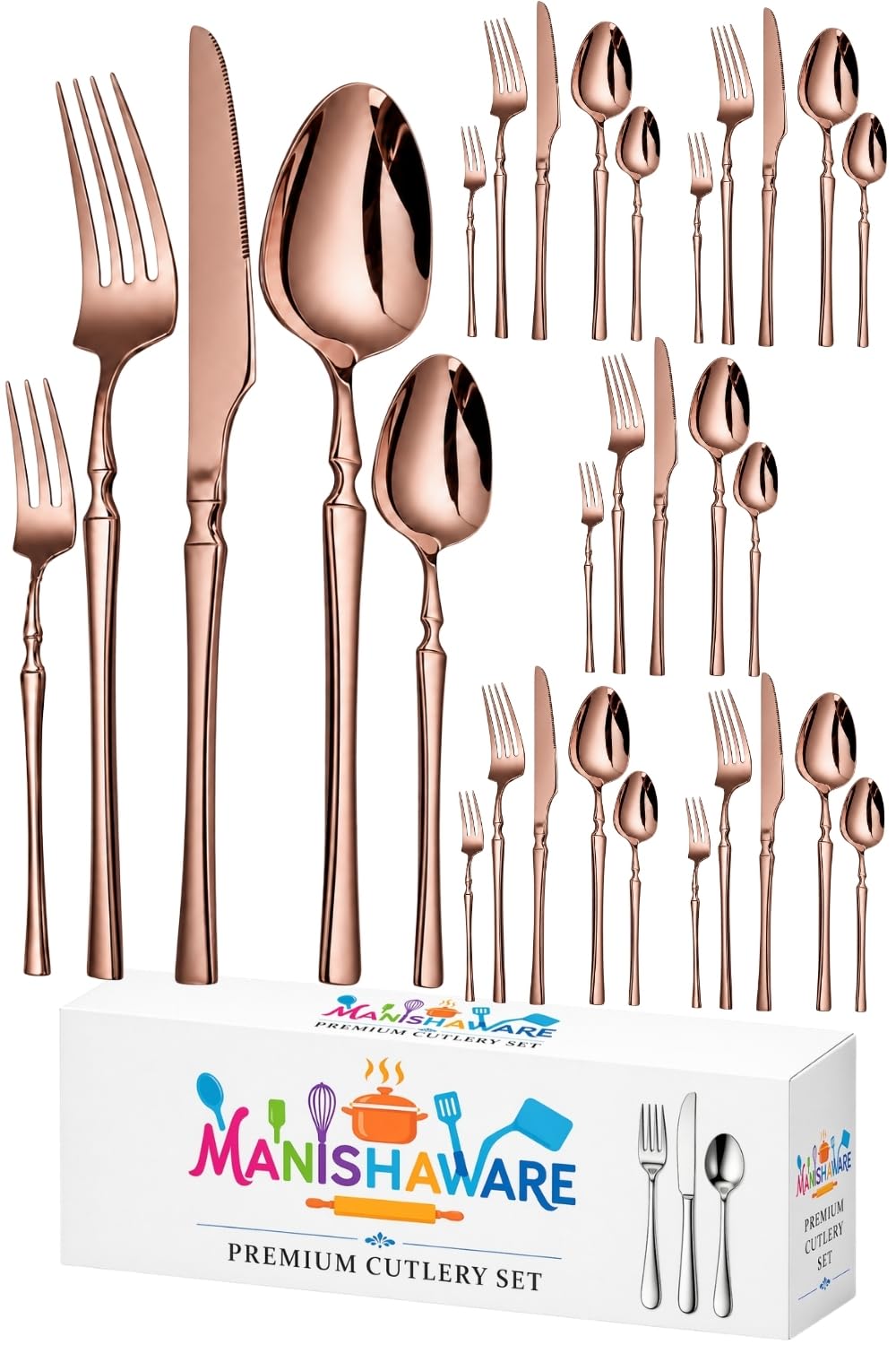 Manishaware Elegant Handle 30 Pcs Stainless Steel Cutlery Set for Dining Table, Dishwasher Safe Glossy Flatware (6 spoon set+6 forks set+6 Butter knife+6 Dessert Spoon+ 6 Fruit Fork)