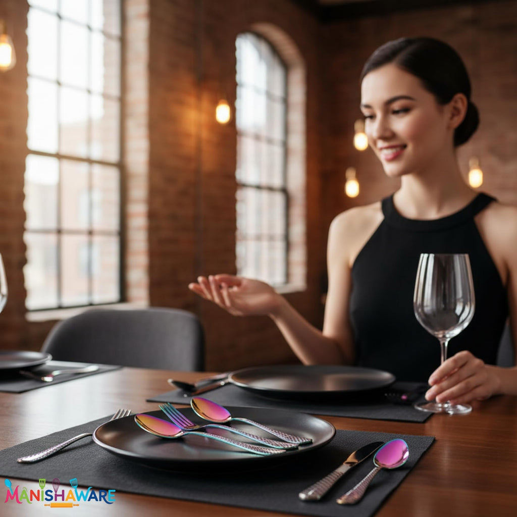 Manishaware Checkered Rainbow 15 Pcs Stainless Steel Cutlery Set for Dining Table, Dishwasher Safe Glossy Flatware (3 spoon set+3 forks set+3 Butter knife+3 Dessert Spoon+ 3 Fruit Fork)